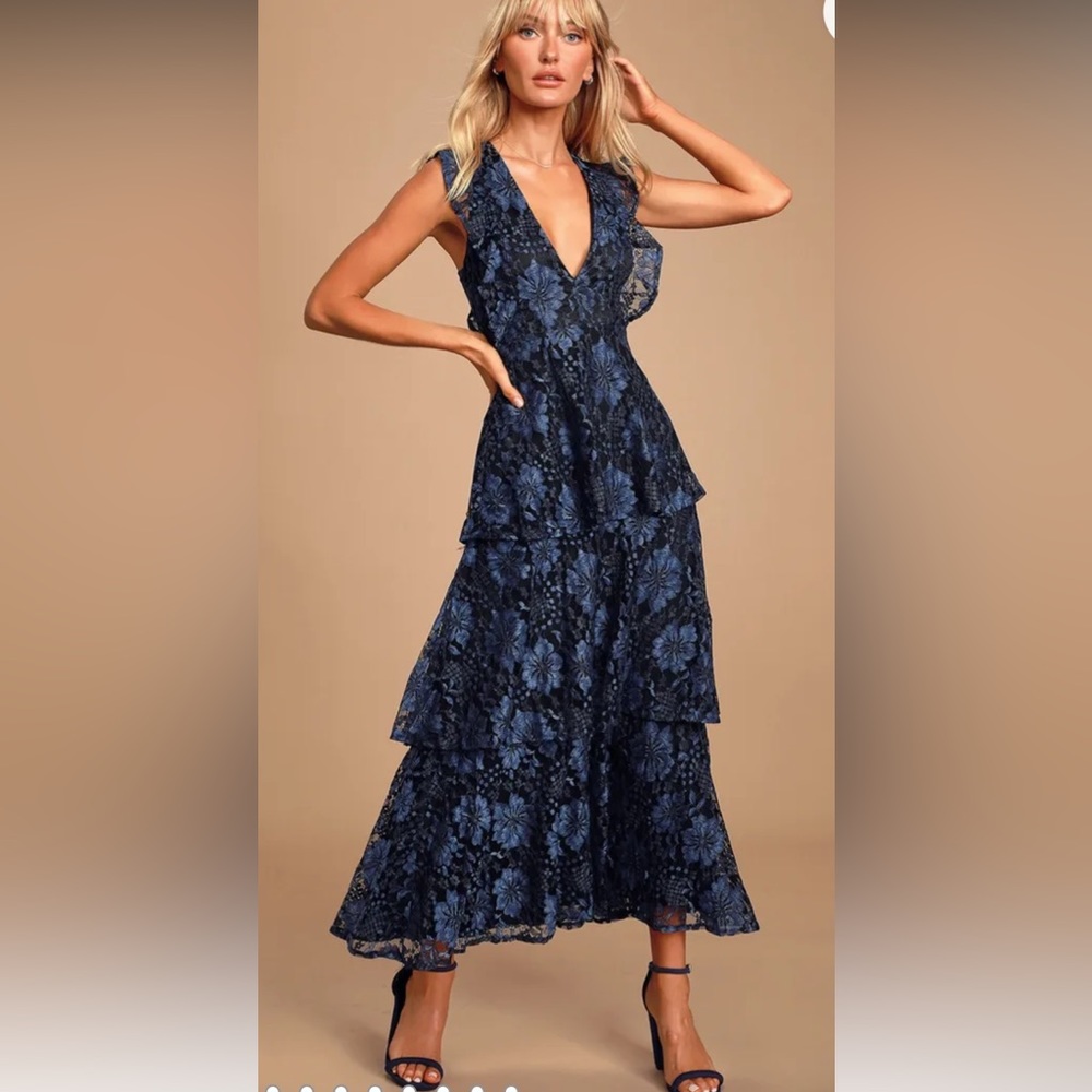 Molinetto Navy Blue Lace Ruffled Tiered Sleeveless Maxi Dress XL